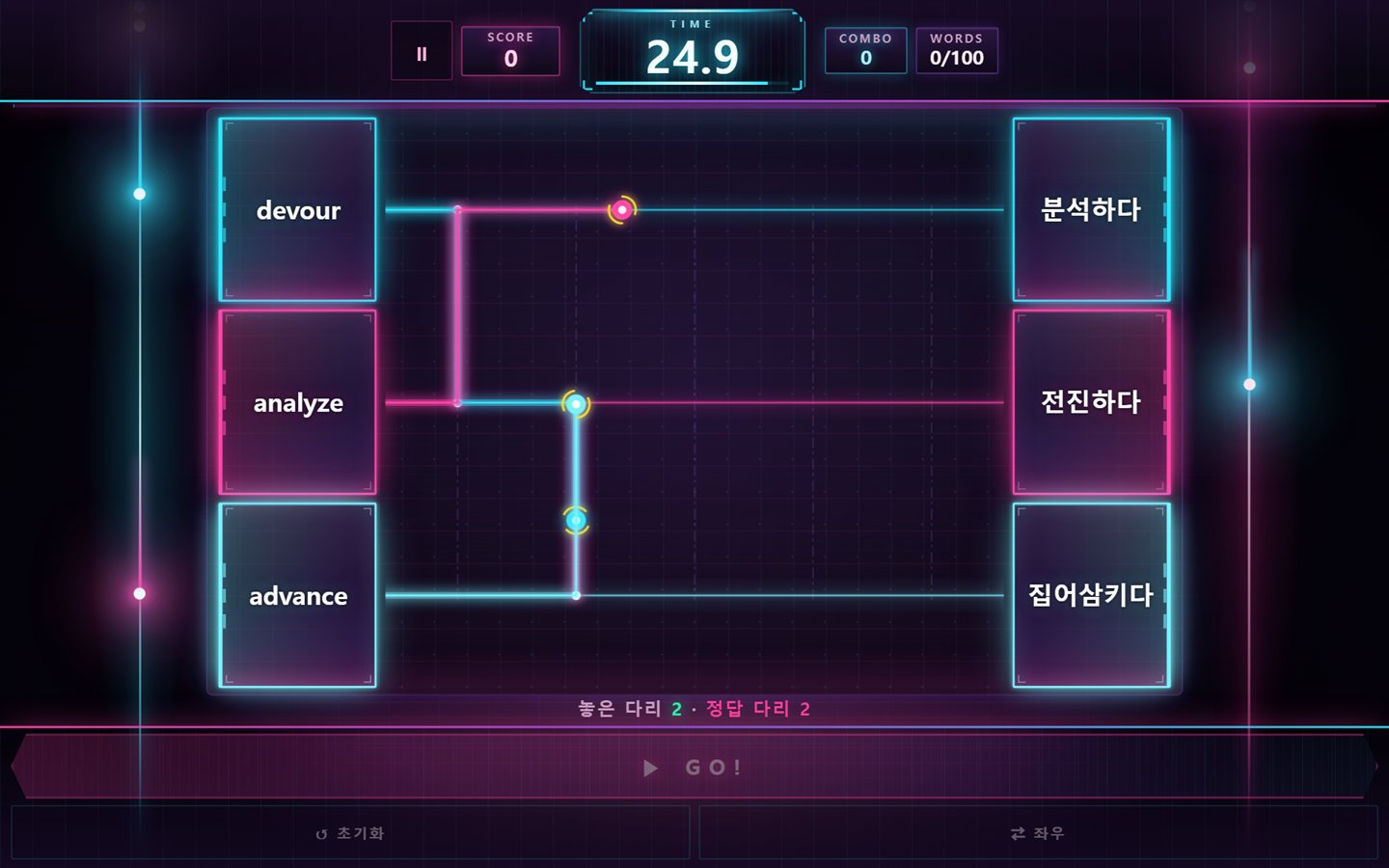 보카 사다리 실행 화면 — devour, analyze, advance가 네온 사다리를 타고 각각의 뜻으로 달려가는 장면